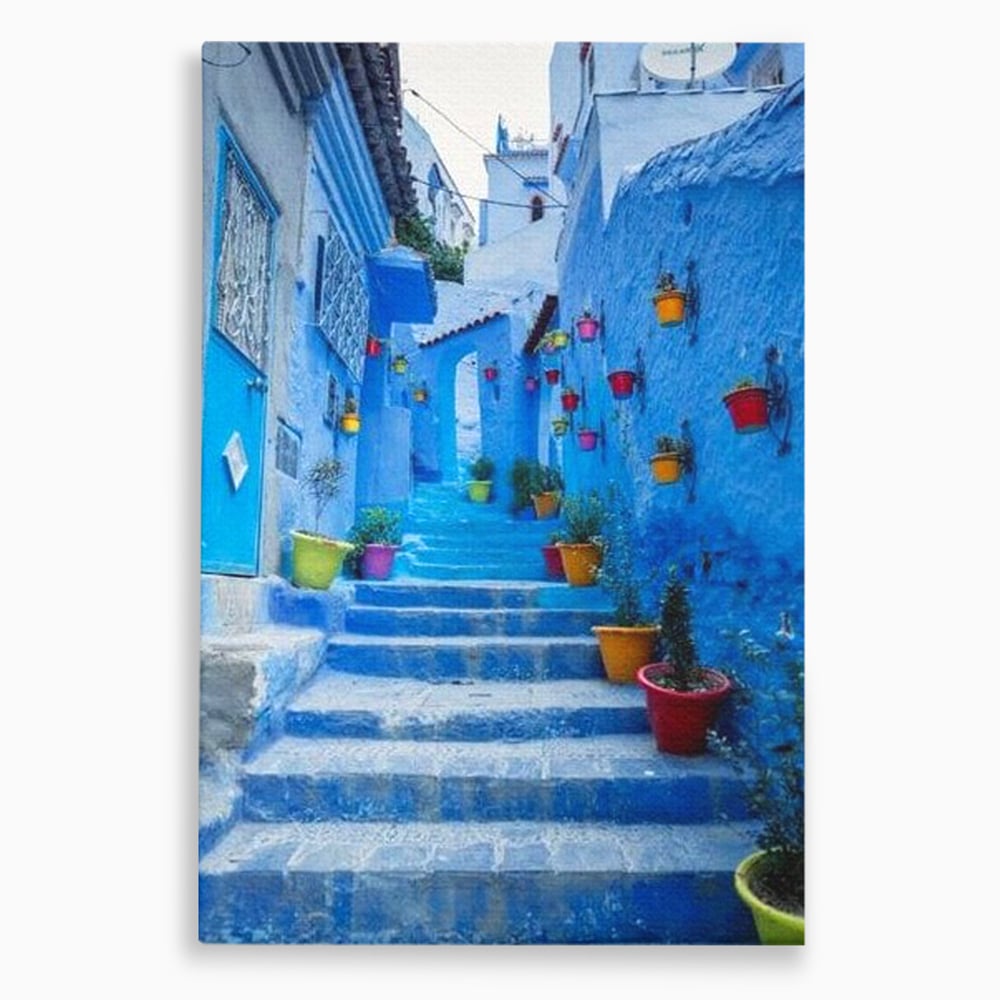 Tablou canvas cu tablou canvas cu straduta albastra din maroc, fara rama, pe sasiu de lemn